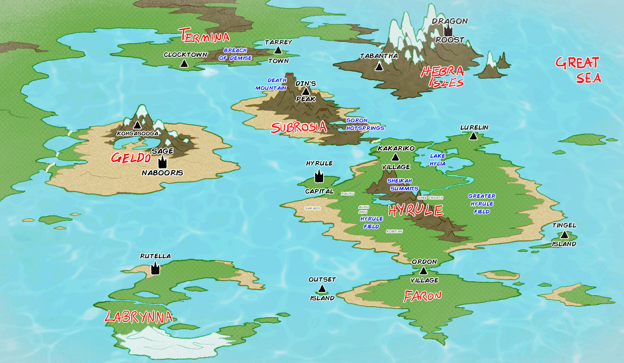 A map of Dinayroré, picturing Hyrule and its neighboring countries of Faron, Labrynna, Geldo, Subrosia, Termina, and Hebra
